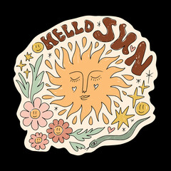 Retro groovy lettering hand drawn font stamp 70s groovy boho art hippie style label, sun flower vector illustration. Boho botanical leaves, flowers, sunshine decorative elements. Perfect for posters - 779702412