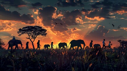 A group of people and elephants walking together in a field. The sky is orange and the sun is setting