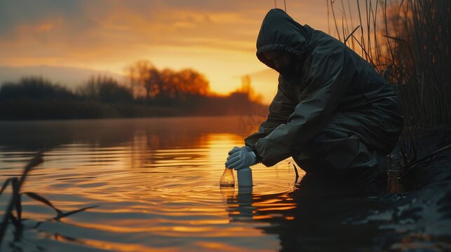 A man in a raincoat is kneeling in the water, filling a bottle. The scene is set at sunset, creating a serene and peaceful atmosphere