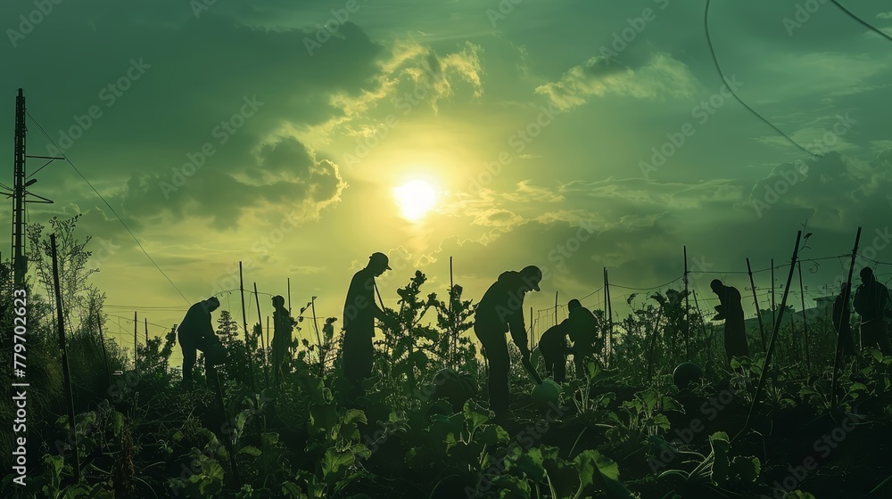 Poster a group of people are working in a field. the sun is setting in the background