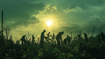 A group of people are working in a field. The sun is setting in the background