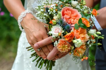Close up of Bride and Groom Holding a Vibrant Wedding Bouquet with Various Flowers