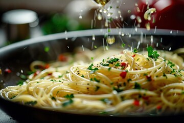 Nahaufnahme von Spaghetti aglio, olio e peperoncino mit frischen Kräutern  - obrazy, fototapety, plakaty