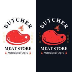 Retro styled butchery logo for meat stores, bbq restaurant, steak house, groceries packaging and advertising. Vector illustration
