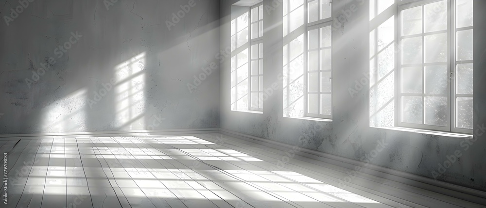 Poster empty white room with sunlight streaming through window creating modern ambiance. concept modern int