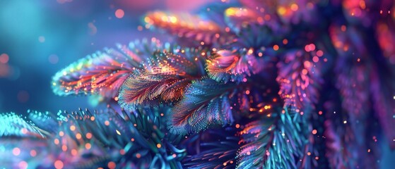 Fototapeta premium Galactic Glow: Fir foliage glimmers with Luminescent hues, reflecting the Radiance of distant stars.