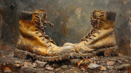 A weathered pair of work boots, their worn texture and history brought to life with textured oil brushwork. - obrazy, fototapety, plakaty