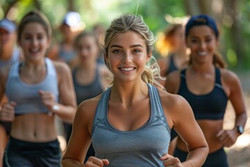 A smiling blonde woman jogging at the front of a group of runners in a forest environment - Powered by Adobe