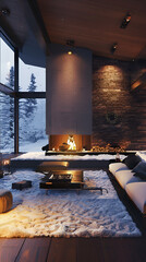 luxurious house interior, snow, interior fireplace, expansive view, cinematic, 35mm lens, global illumination, uplight, dynamic lighting