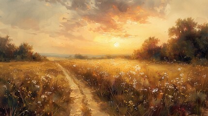 A peaceful meadow bathed in the golden light of sunset, the serenity and beauty captured with soft and blended oil paints. - obrazy, fototapety, plakaty