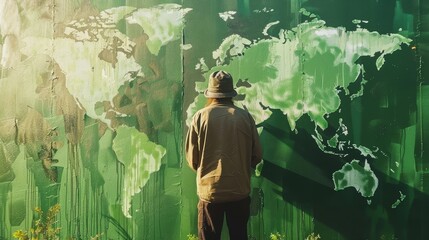 A man stands in front of a green wall with a map of the world on it. He is looking at the wall, possibly admiring the artwork or contemplating the world - obrazy, fototapety, plakaty