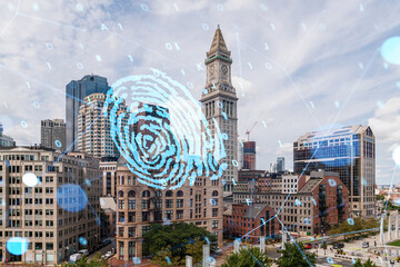 Boston cityscape with a superimposed digital fingerprint hologram, symbolizing security technology...