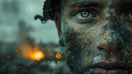 A double exposure of a soldier's face superimposed over a battlefield scene, symbolizing the enduring memory of those who fought and sacrificed.