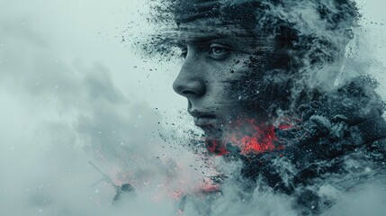 A double exposure of a soldier's face superimposed over a battlefield scene, symbolizing the enduring memory of those who fought and sacrificed. - obrazy, fototapety, plakaty