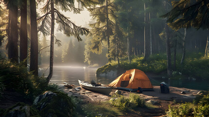 Secluded camping spot in forest clearing - Ai Generated