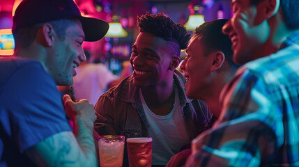 Photograph of diverse ethnicity group of attractive young men at a bar . Model photography.