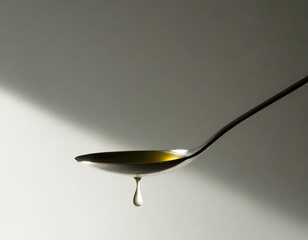 A single drop of olive oil about to fall from a stainless steel spoon, captured against a light grey background, focusing on the purity and simplicity of the ingredient