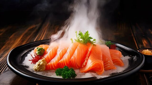 Raw salmon sashimi with ginger, wasabi, and vegetables served on a wooden table. Dry ice smoke adds to the Japanese culinary style. AI-Generated