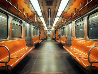 Deserted subway car with bright orange seats - Ai generated