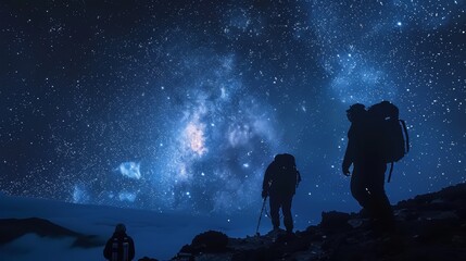Three people are hiking up a mountain at night. The sky is dark and filled with stars. The hikers are carrying backpacks and are wearing hiking gear. The scene is peaceful and serene