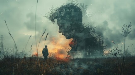 A double exposure of a soldier's letters superimposed over a battlefield scene, capturing the emotional connection between those fighting and those left behind. - obrazy, fototapety, plakaty
