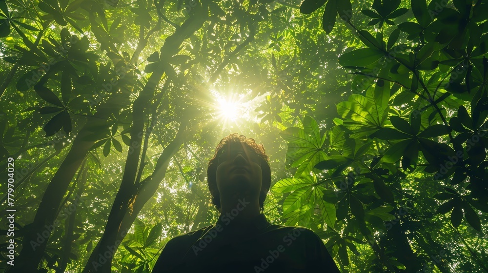 Poster a man is standing in a forest with trees all around him. he is looking up at the sun, which is shini