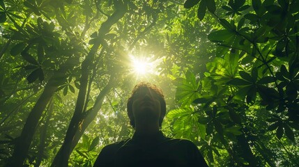 A man is standing in a forest with trees all around him. He is looking up at the sun, which is shining brightly through the trees