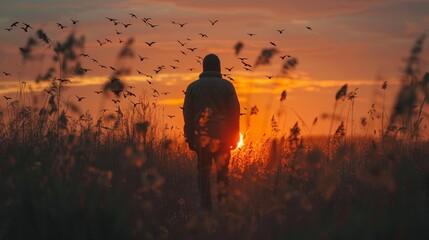 A man is walking through a field of tall grass at sunset. The sky is orange and the sun is setting. The man is alone and the birds are flying around him - obrazy, fototapety, plakaty