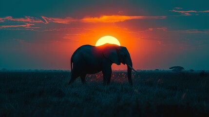 A large elephant stands in a field of tall grass, with the sun setting in the background. The scene is serene and peaceful, with the elephant being the main focus of the image - obrazy, fototapety, plakaty