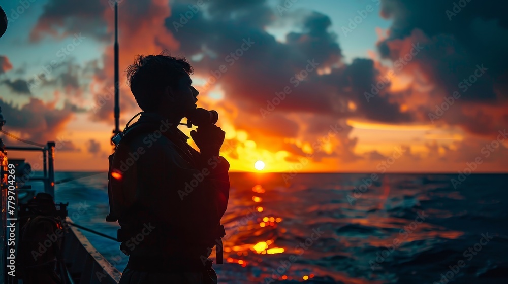 Poster a man is standing on a boat and talking on a cell phone. the sun is setting in the background, creat