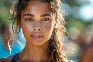 Stunning young woman with freckles and wavy hair, soft focused background, summer outdoors - obrazy, fototapety, plakaty