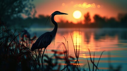 A large bird stands in the grass by a body of water. The sun is setting in the background, casting a warm glow over the scene. The bird appears to be looking out over the water - obrazy, fototapety, plakaty