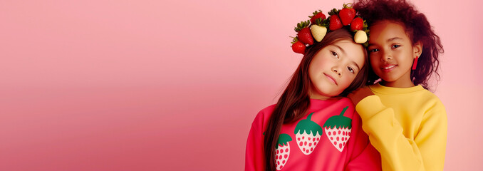 Photo of two mixed-race girls wearing bright sweatshirts and strawberry wreaths on their heads.