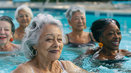 Fototapeta premium Photograph of diverse ethnicity group of beautiful senior women walking in a park . Model photography.