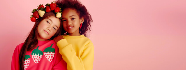 Photo of two mixed-race girls wearing bright sweatshirts and strawberry wreaths on their heads.