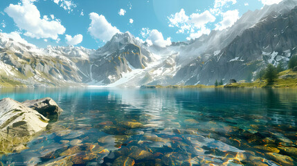 Crystal-clear lakes embraced by towering peaks - Ai generated
