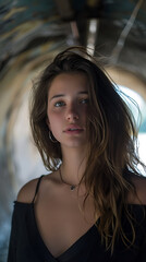 a 25-year-old girl under a tunnel looking at the camera with a calm look