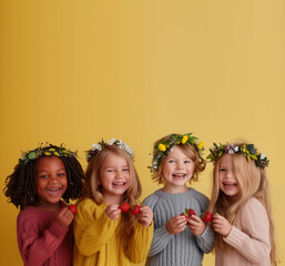 Photo of four mixed-race kids wearing bright knitted sweaters and strawberry wreaths on their heads.
