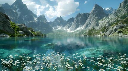 Crystal-clear lakes embraced by towering peaks - Ai generated - obrazy, fototapety, plakaty