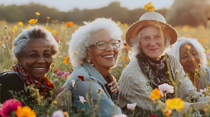 Photograph of diverse ethnicity group of beautiful senior women in a field full of blooming flowers . Model photography.