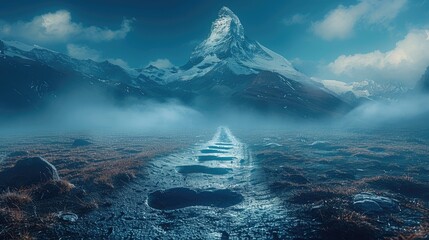 A double exposure of a soldier's footprints superimposed over a path leading towards a mountain peak, symbolizing the journey towards peace and the challenges that lie ahead. - obrazy, fototapety, plakaty