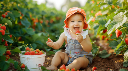 Photo of a little happy girl sitting on a strawberry plantation next to a bucket of strawberries