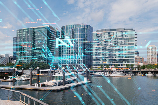 Cityscape with futuristic holographic overlays, blue and cyan tones, marina with boats, and modern buildings. Digital composite concept. Double exposure