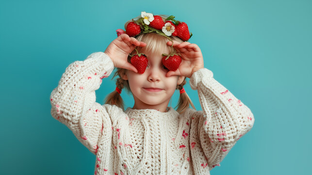 Photo of a blonde girl in a knitted sweater, with a strawberry wreath on her head, holding strawberries in her hands and covering her eyes with them.