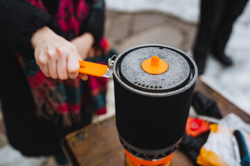 camping pot for gas burner, camping gas, cooking in nature, hiking in the forest, thermo pot,...