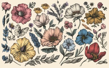 Fototapeta premium Hand drawn floral elements with sketchy style