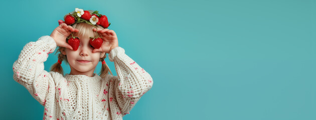 Photo of a blonde girl in a knitted sweater, with a strawberry wreath on her head, holding strawberries in her hands and covering her eyes with them.
