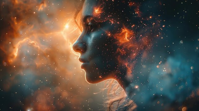 A double exposure of a soldier's silhouette against a backdrop of stars, symbolizing the vastness of the universe and the smallness of human conflict in comparison.