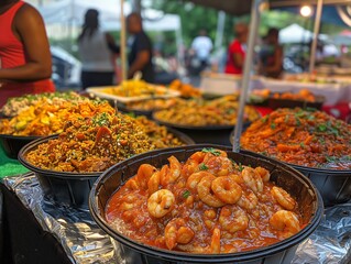 A table full of food with a variety of dishes including shrimp and rice. The table is set up for a buffet - obrazy, fototapety, plakaty
