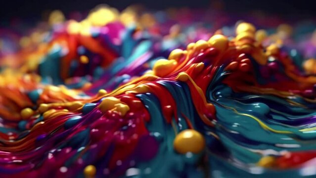 Abstract colorful particles fluid motion. Cg animation. Slow motion. Shallow depth of field created with generative ai